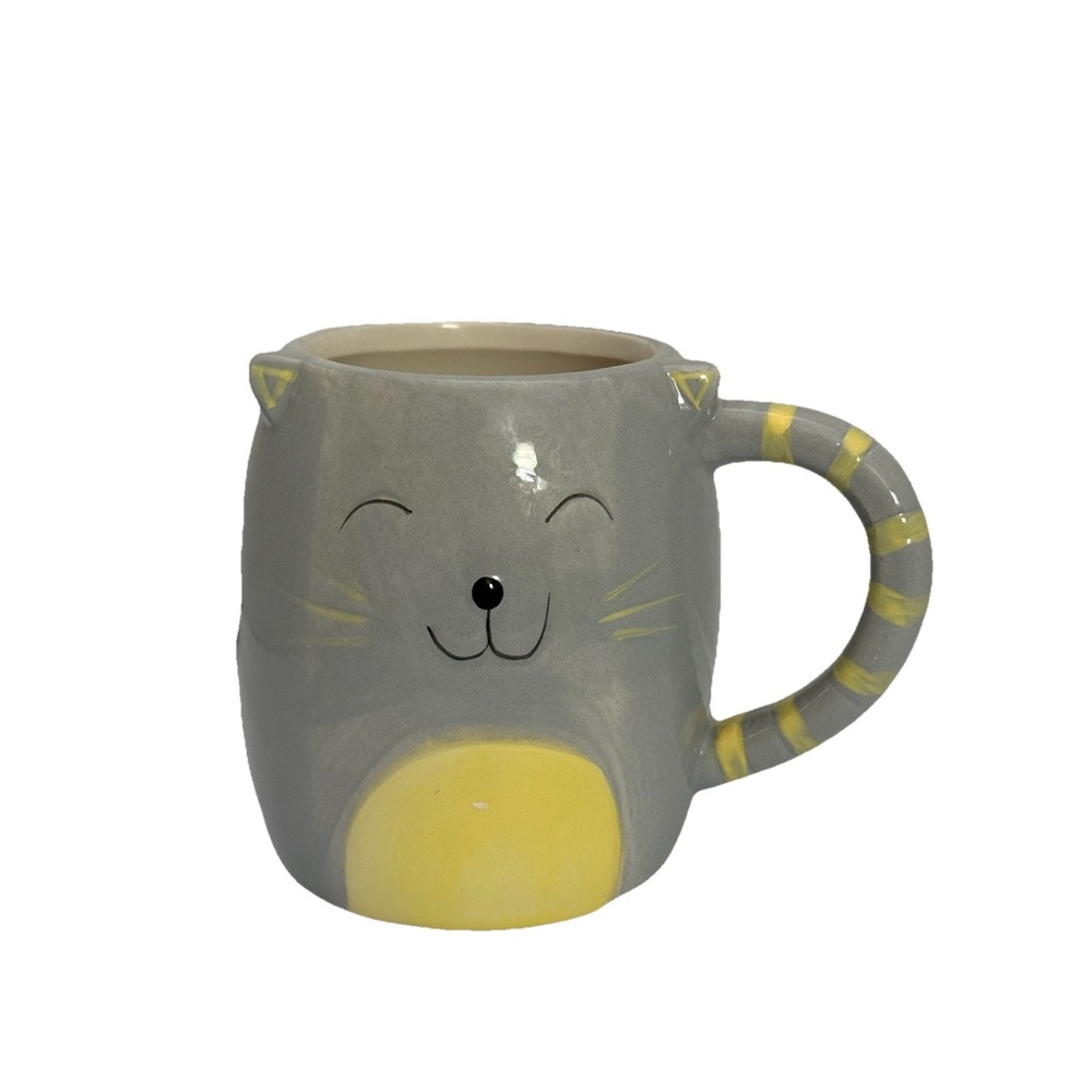 Charming Cat Coffee Mug Tea Cup Handpainte ears on top yellow‎ hand-painted Gray